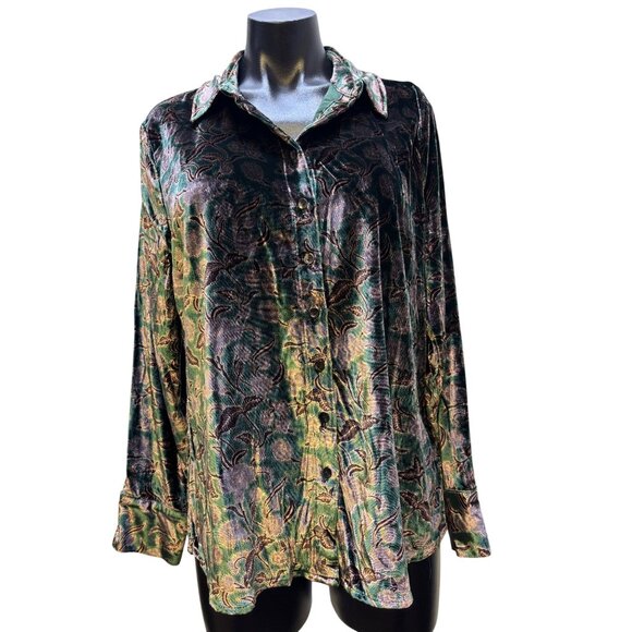 NWT Faherty Stretch Silk Velvet Print Blouse Green Size M - Picture 1 of 6